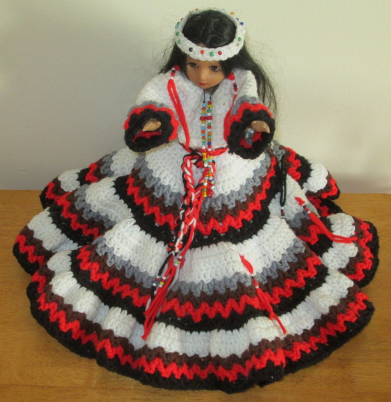 NATIVE AMERICAN INDIAN GIRL DOLL, 16; HANDMADE CROCHET DRESS HEADBAND, BEADS, VGC