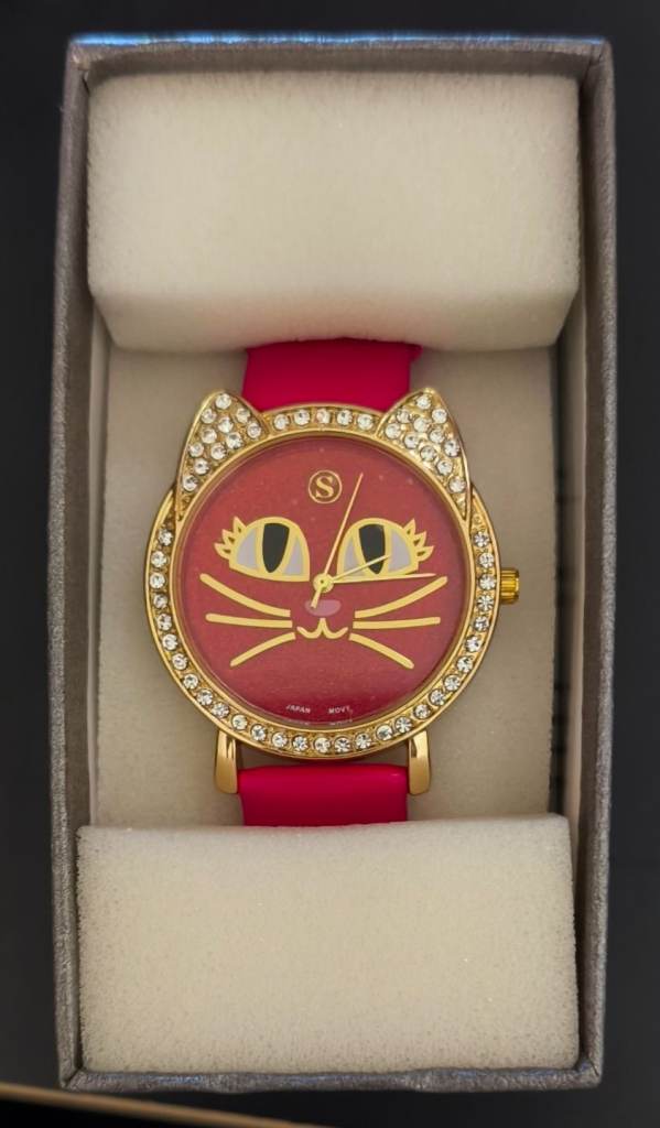 STRADA Japanese Movement White Austrian Crystal Studded Kitty Face Dial Water Resistant Watch
