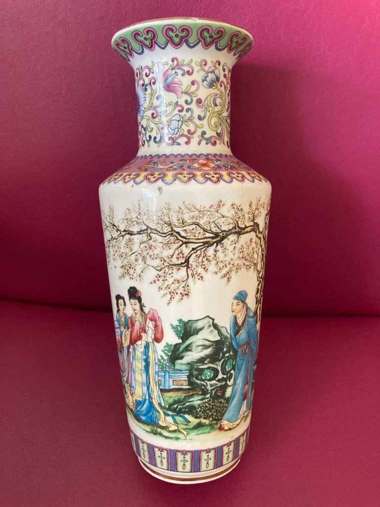 Large Hand-Painted Chinese Ceramic Vase - White & Ornate Design