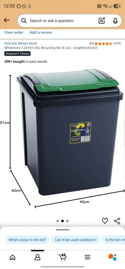 Whatmore 50L Recycling Bin with Green Lid