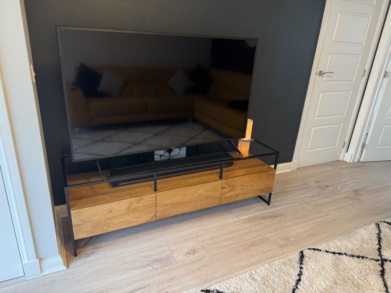 Made Kilby Wide TV Stand – Light Mango Wood & Smoked Glass – Excellent Condition
