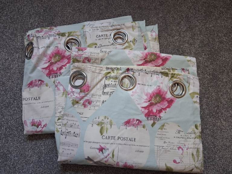 Dunelm Eyelet Curtains 66x54" – Floral Postcard Design, Good Condition