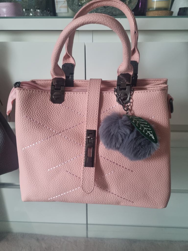 Lovely Nicole &Doris Pink Faux Leather Handbag with Pom-Pom Charm – Brand New