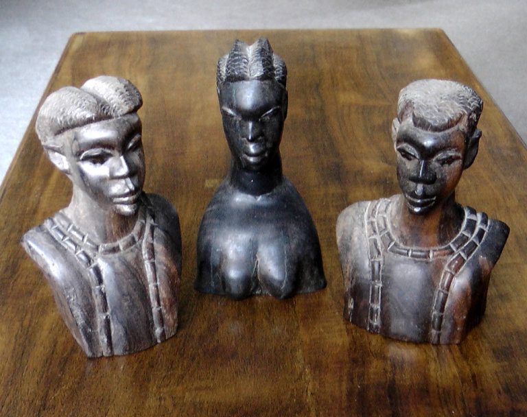 3 Vintage African Solid Hardwood Figure Busts - 2 Male (16cm) & 1 Female (18cm)