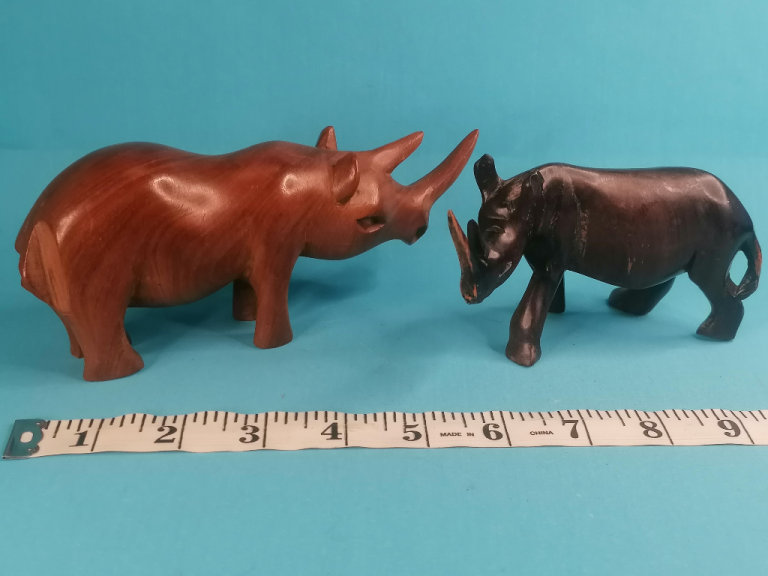 2x Vintage Retro Teak Wooden Hand Carved Rhino Figurines ornaments.  Collectible. 