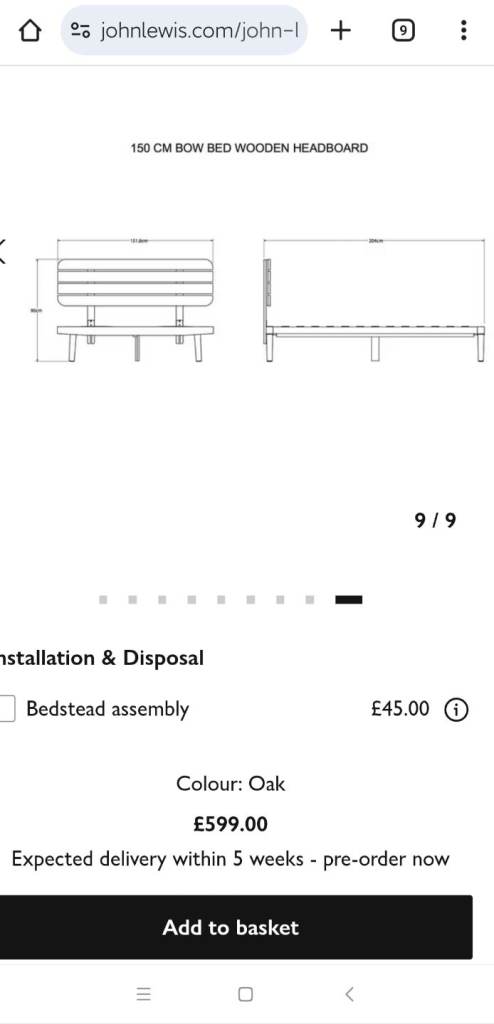 John Lewis bow  headboard bed frame kingsize
