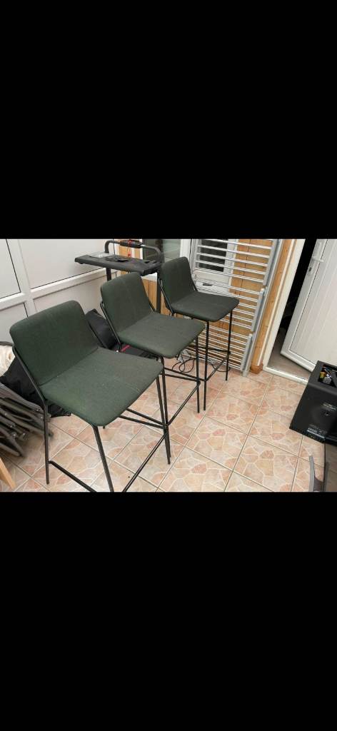 One Green Fabric Bar Stools with Black Metal Legs
