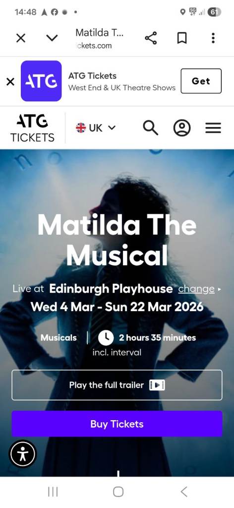 Family ticket Edinburgh Playhouse 11th march 