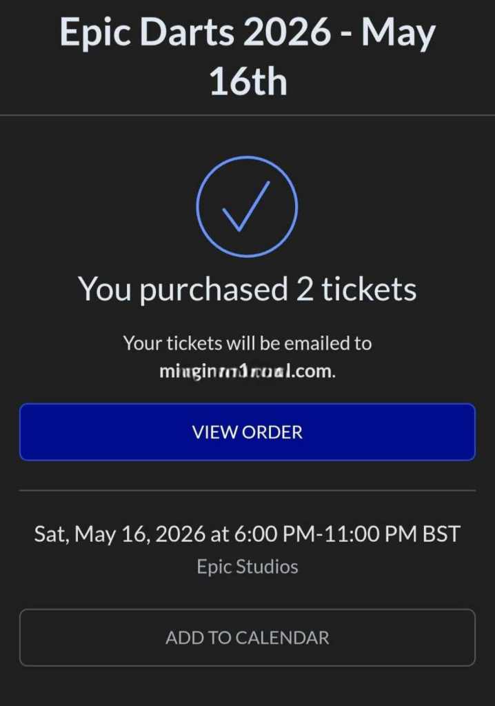 2 x Epic Studios Norwich darts tickets, Saturday 16th May