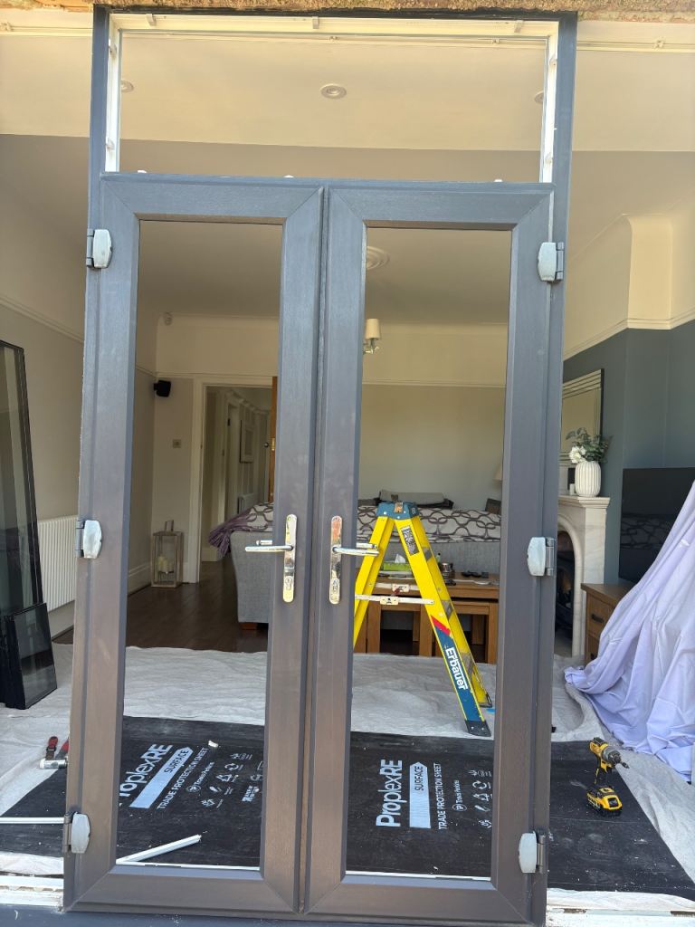Grey out. White in French doors top light 
