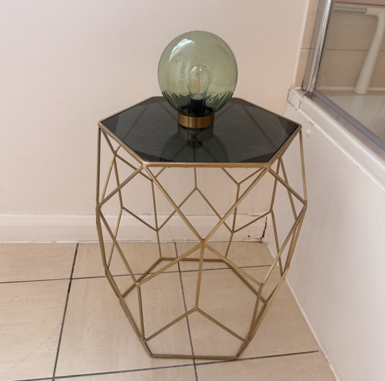 Set of 2 Gold Metal Geometric Side Tables with Black Glass Top