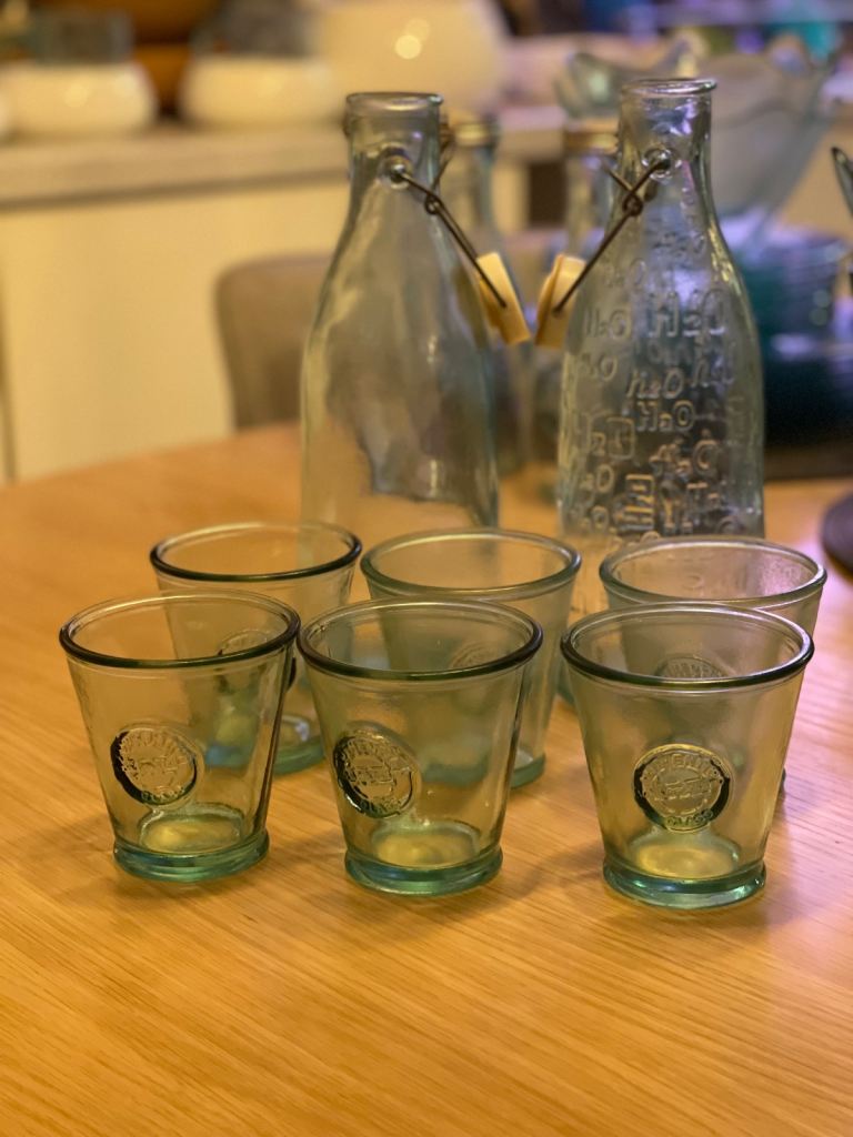Glass bottles and drinking glasses 8 oz