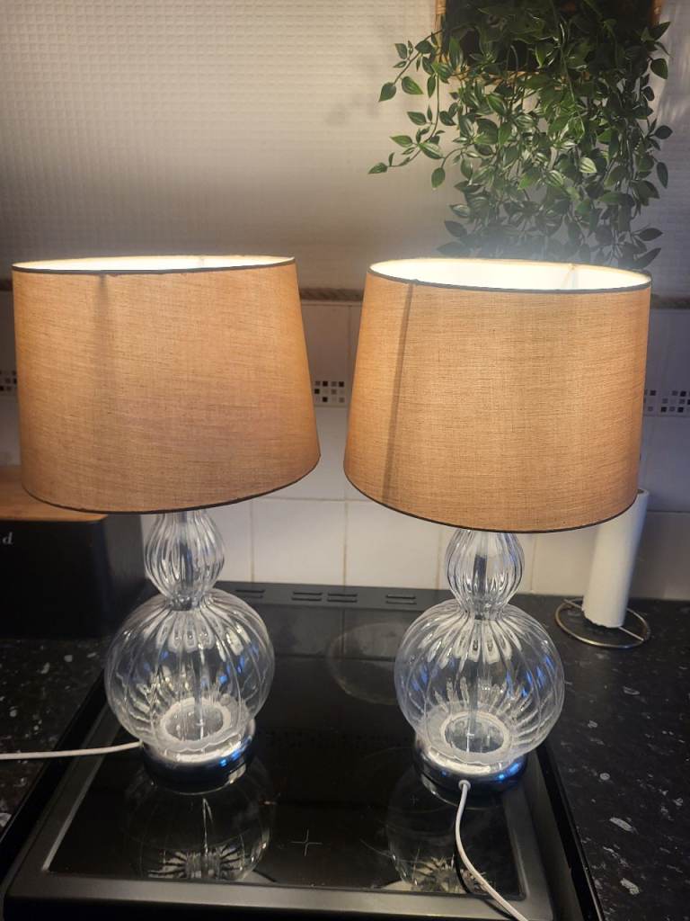 Pair of Clear Glass Table Lamps with Brown Shades – Good Condition