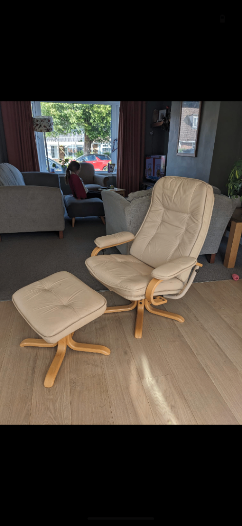 Swivel recliner leather chair with foot stool, please see all pics for condition