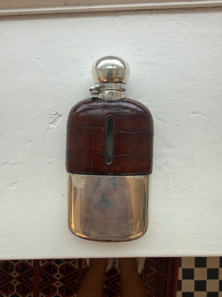 James Dixon & Sons Silver Plate Crocodile Leather Hip Flask c.1890