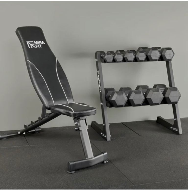 Mirafit Folding Home Gym Bench With Dumbbells & Storage Rack
