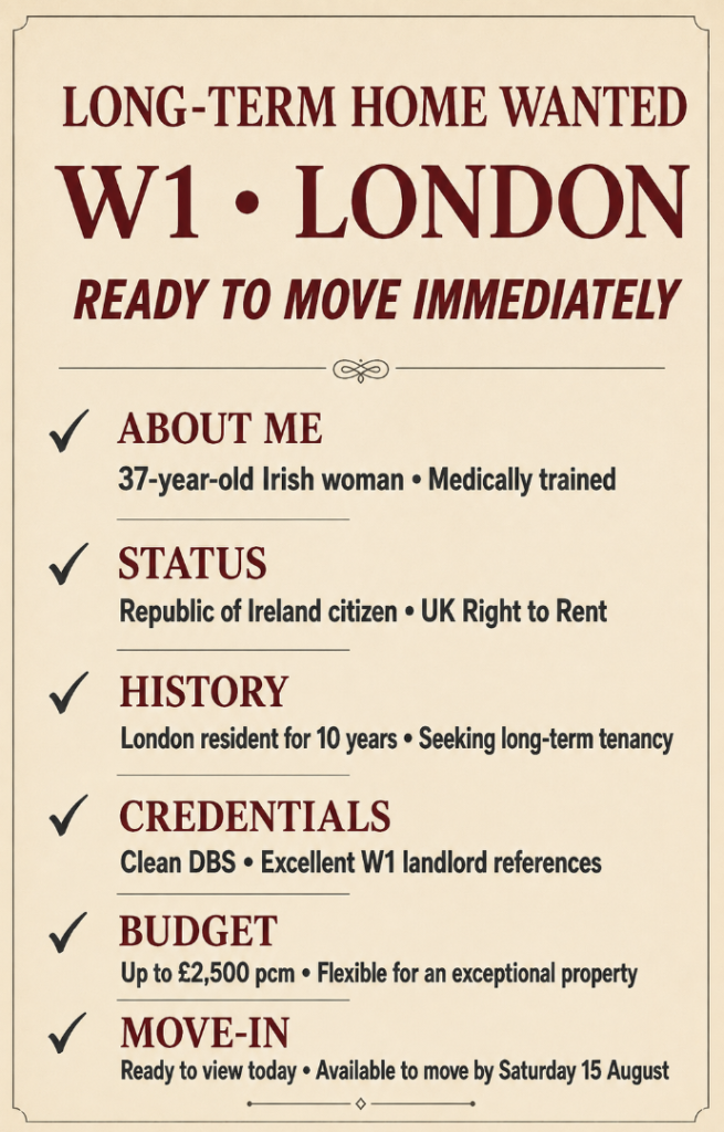 Professional female seeking 1 Bed Flat required W1 SW3 SW1W 