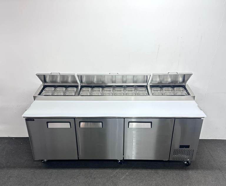 PAY OVER 9 MONTHS, 2 YEARS WARRANTY! - NEW Foodsville 3 Door Pizza / Salad Prep Fridge, On Wheels