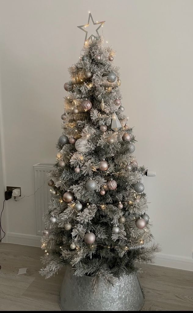 Flocked Christmas Tree with Lights and Decorations