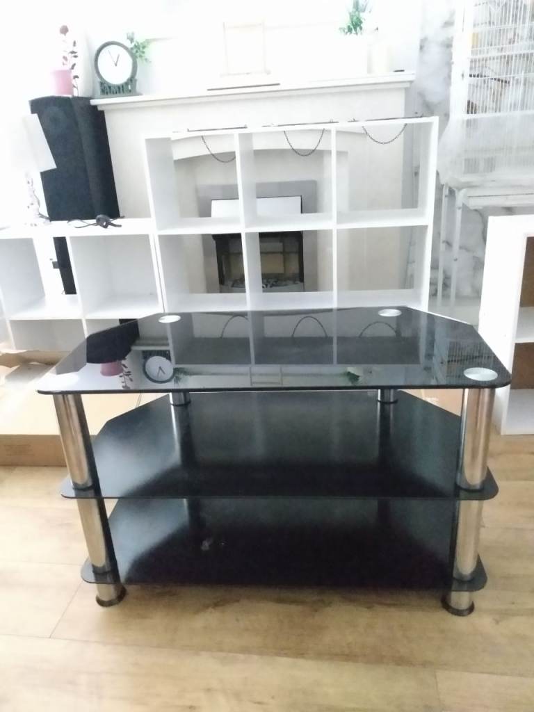 Black Glass TV Stand with Chrome Legs – Good Condition