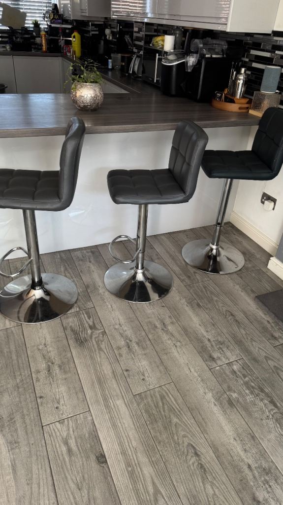 Set of 3 Grey Swivel Bar Stools – Good Condition