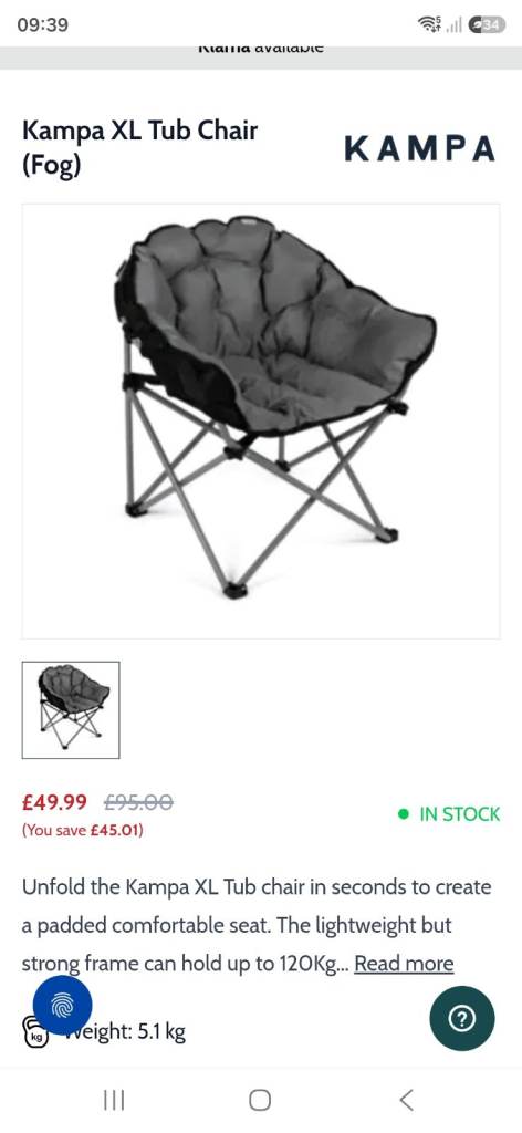 Kampa XL Tub Chairs (Fog) –£45 pair