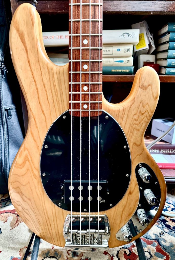 1995 MusicMan Stingray 2EQ Bass Guitar "Velvet Satin" in Natural Ash with Aguilar Pickups & Preamp.