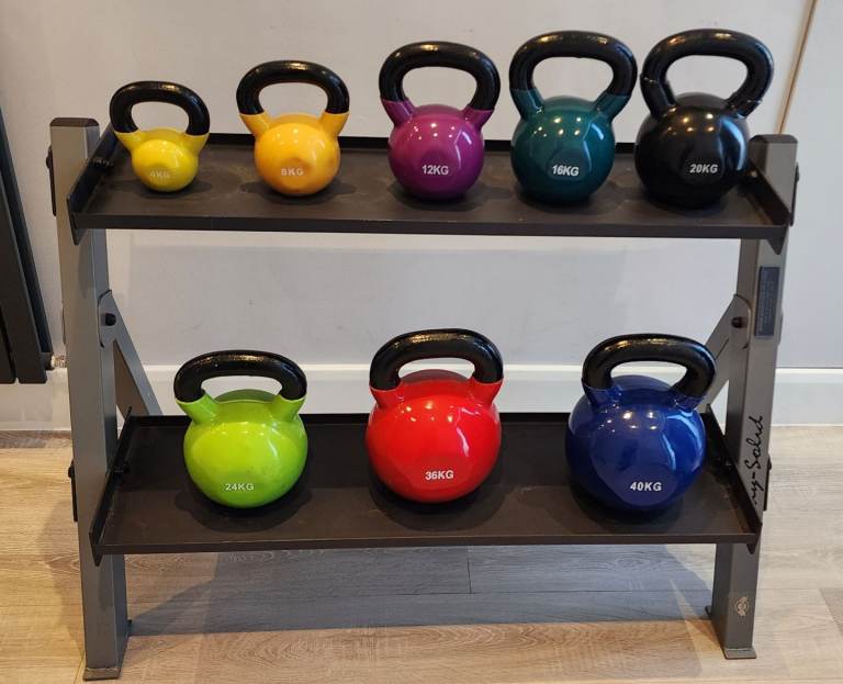 image for 4-40kg cast iron kettlebell set & two tier rack *IMMACULATE*