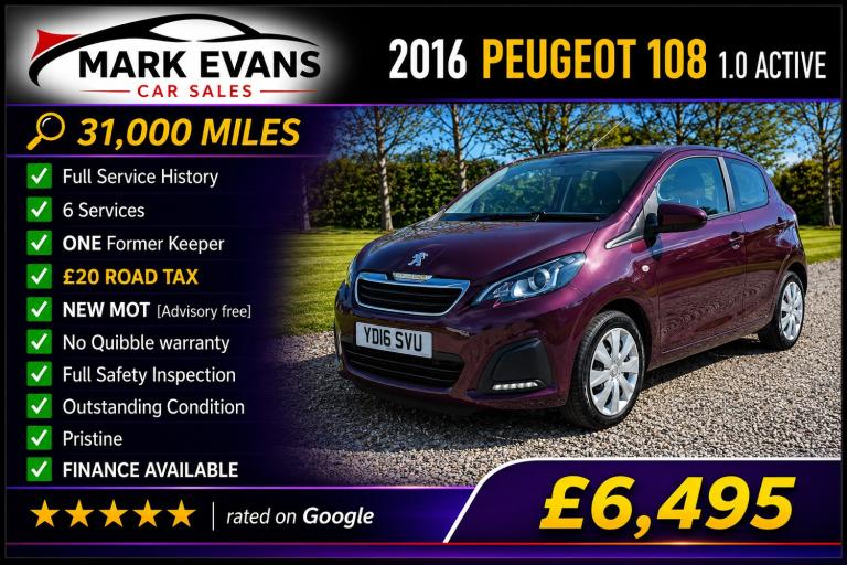2016 Peugeot 108 1.0 Active 5dr HATCHBACK Petrol Manual