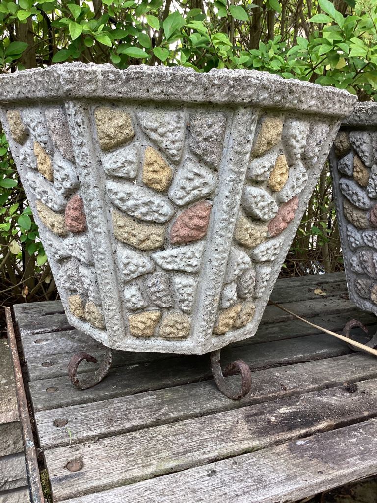 PAIR OF WONDERFUL COLOURFUL VINTAGE PLANT POTS 🪴ON METAL LEGS 