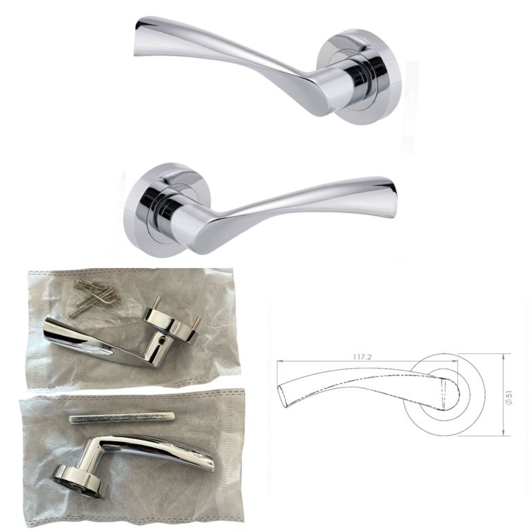 Pair of Door Handles DART LEVER LATCH ON ROSE POLISHED CHROME & Fixings