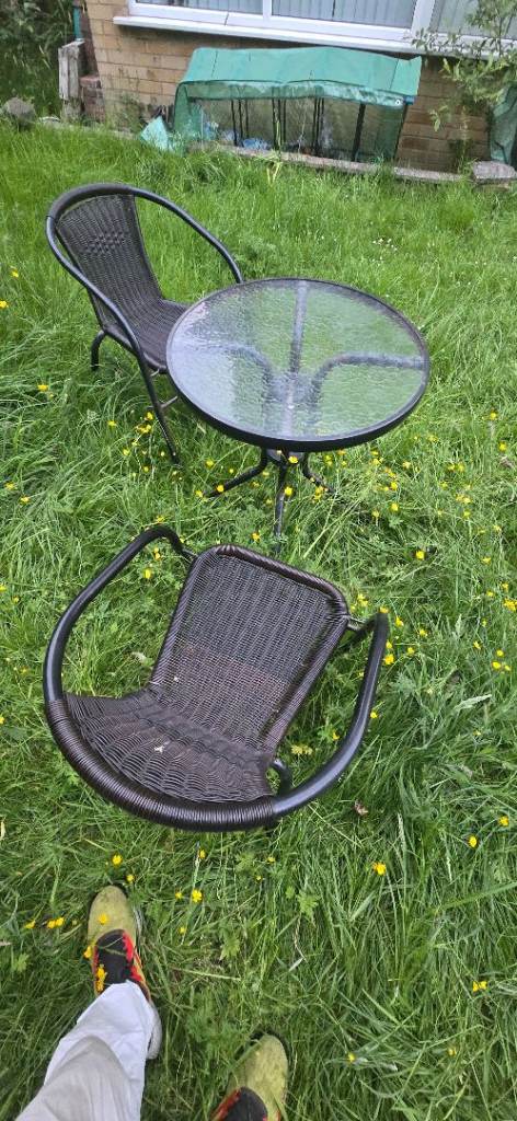 Garden Bistro Set - Round Glass Table & 2 Rattan Style Chairs