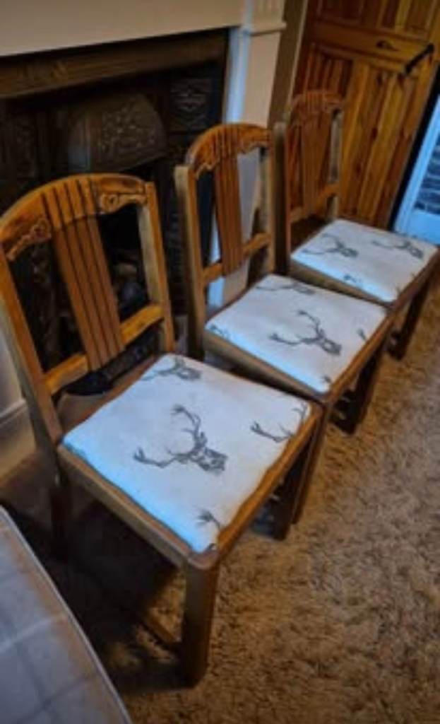 Set of 3 Dining chairs antique vintage rustic solid wood stag upholstery 