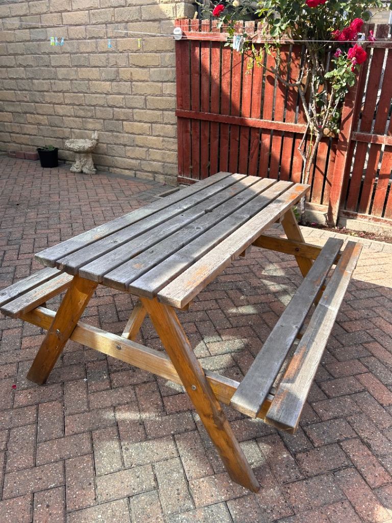 Wooden Picnic Table with Benches – Weathered Condition