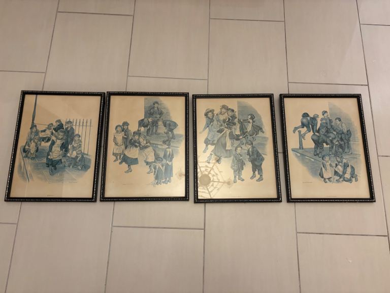 Set of 4 Vintage Framed Prints – Blue & White