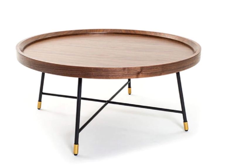 Good Condition Round Wooden Coffee Table with Black Metal Legs