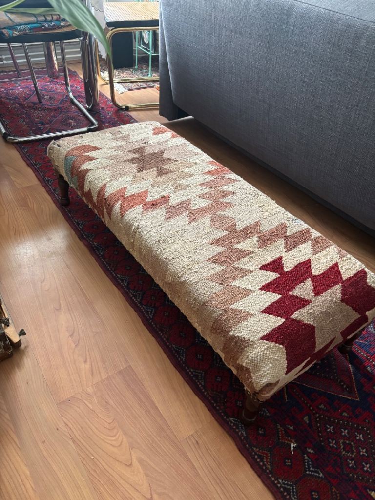 Kilim Pattern Fabric Bench Stool with Wooden Legs