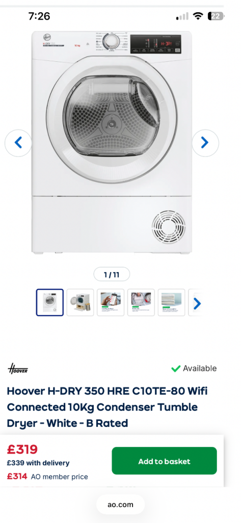 Hoover H-DRY 3oo 10kg Condenser Tumble Dryer - White, NEW