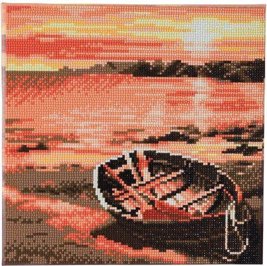 Sunset Boat Orange Black Crystal Diamante Art Canvas Picture Photo 30 x 30cm 12 x 12in