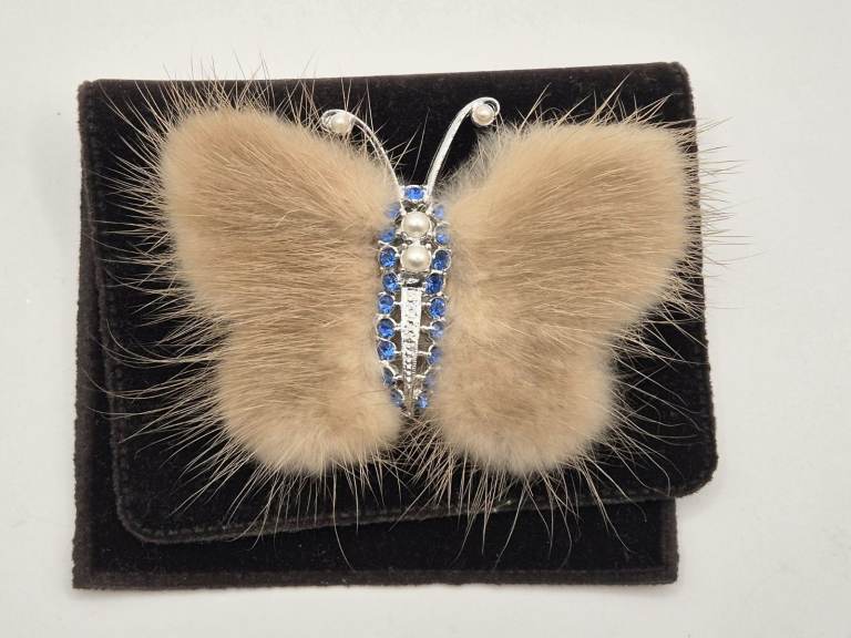 1950s mink, blue crystal and pearl butterfly brooch