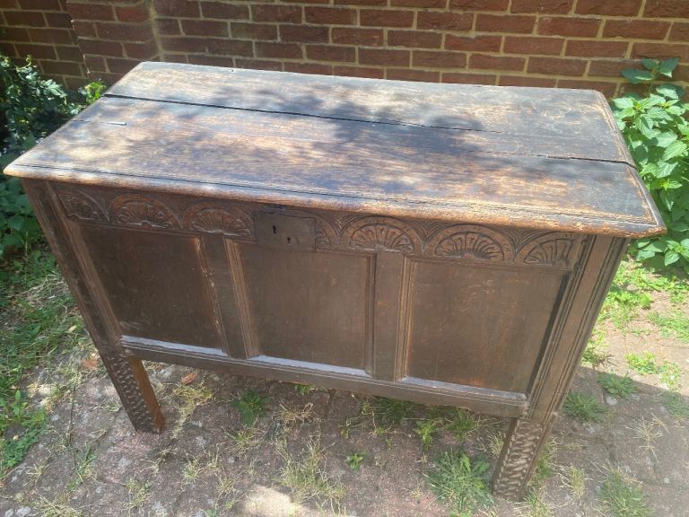 Antique English Carved Oak Coffer / Travel Chest on Stand – Late 17th / Early 18th Century