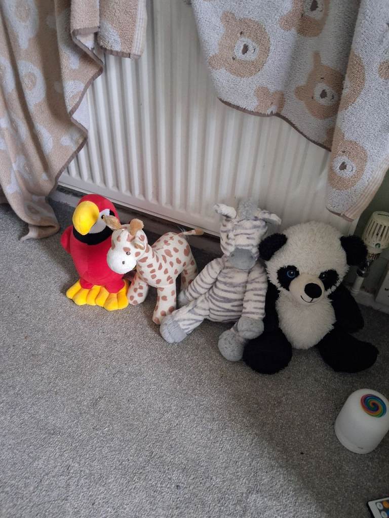 Collection of Four Soft Toys - Parrot, Giraffe, Zebra, Panda