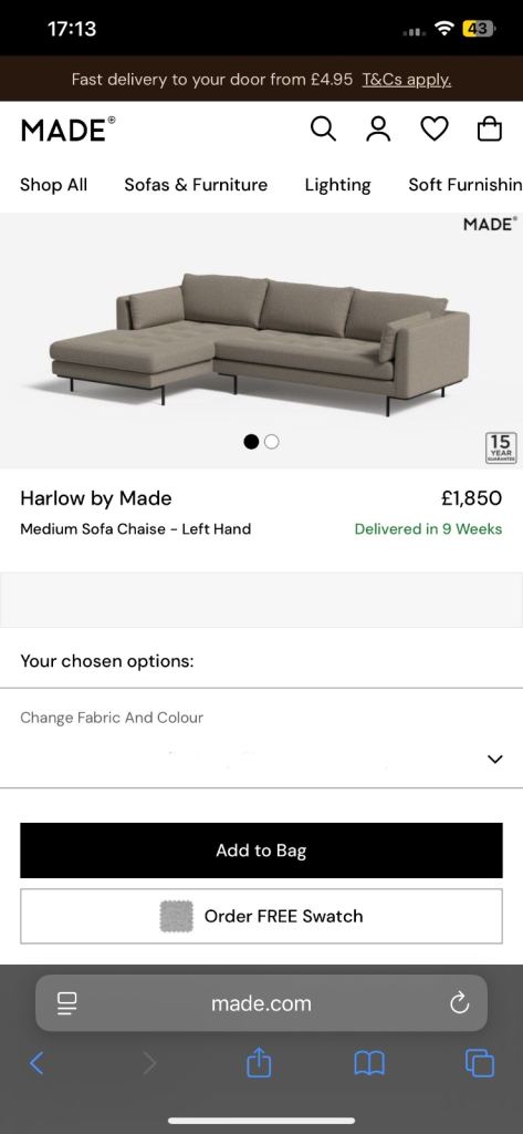 HARLOW BY MADE L-SHAPE SOFA – DELIVERY AVAILABLE