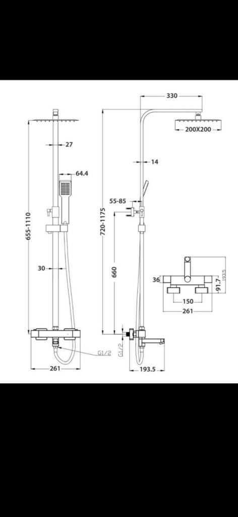 Square Rigid Riser Shower  Thermostatic Shower Kit with Bath Filler Spout In One