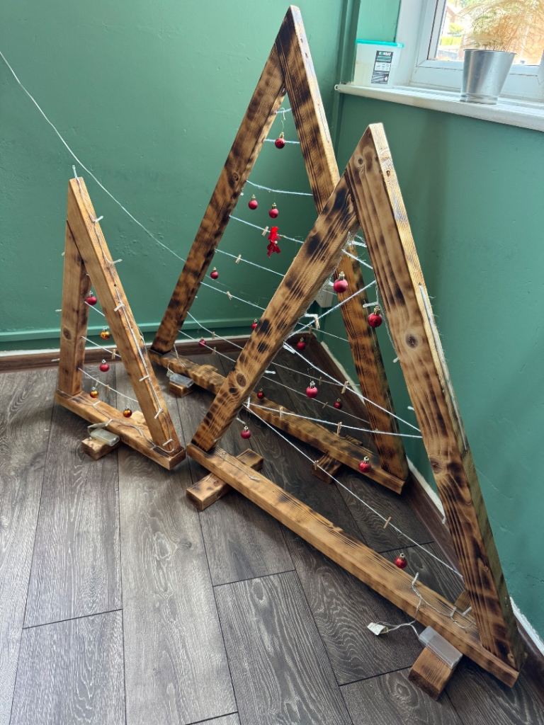 3x Wooden Christmas Trees with Photo pegs, Lights & Baubles
