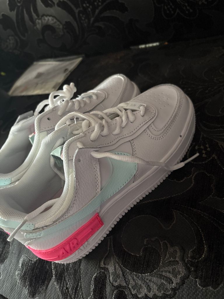 Nike Air Force 1 Shadow Trainers - White with Pink/Blue Accents
