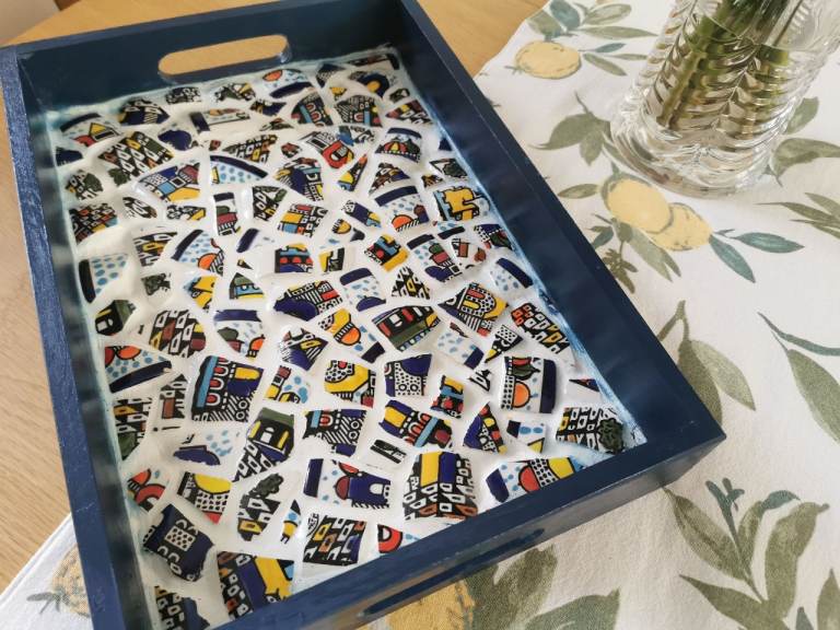 Beautiful Handmade Mosaic Serving Tray – Multi coloured, Blue Wood, As Good As New
