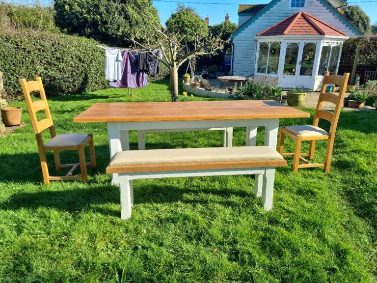 Oak Dining Table & Bench Set – Farmhouse Kitchen Table + 2 Chairs