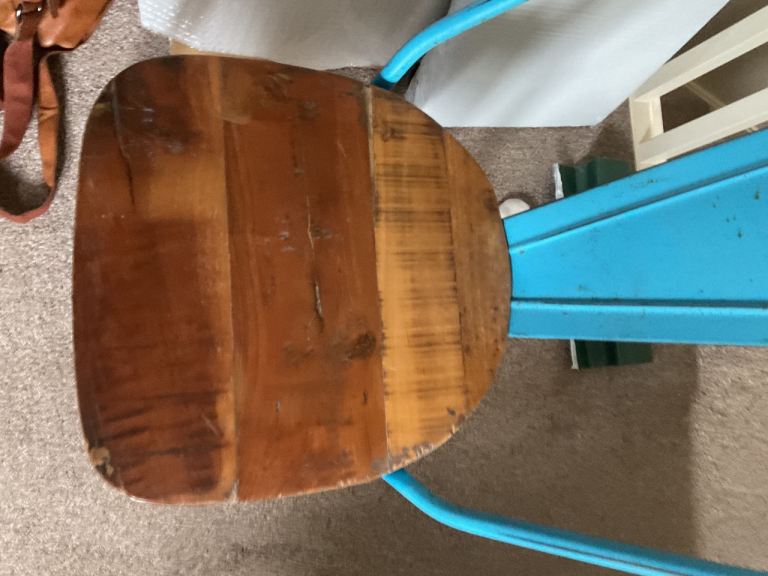 Turquoise Metal Chair with Wooden Seat – Good Condition