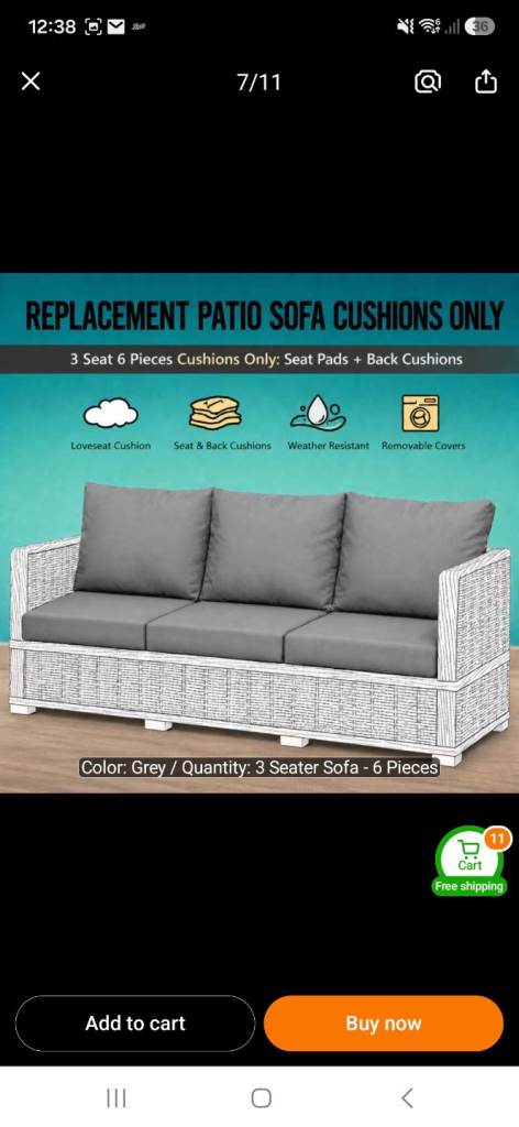 New Grey Patio Sofa Cushions – 3 Seater, 6 Pieces
